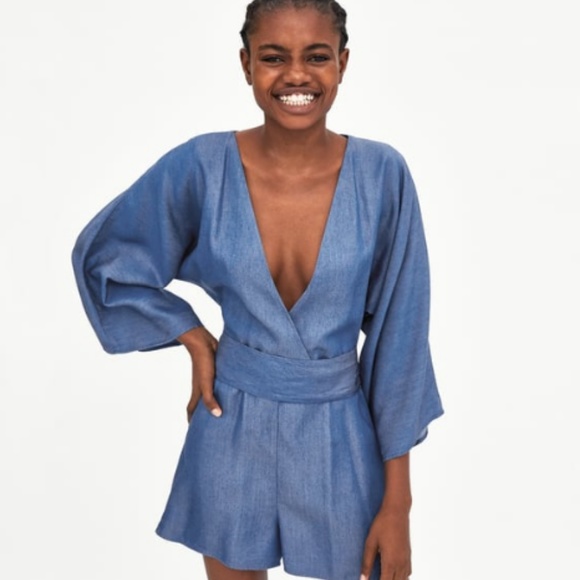 ❤SOLD❤ ZARA // CHAMBRAY BELTED KIMONO ROMPER - Picture 5 of 8
